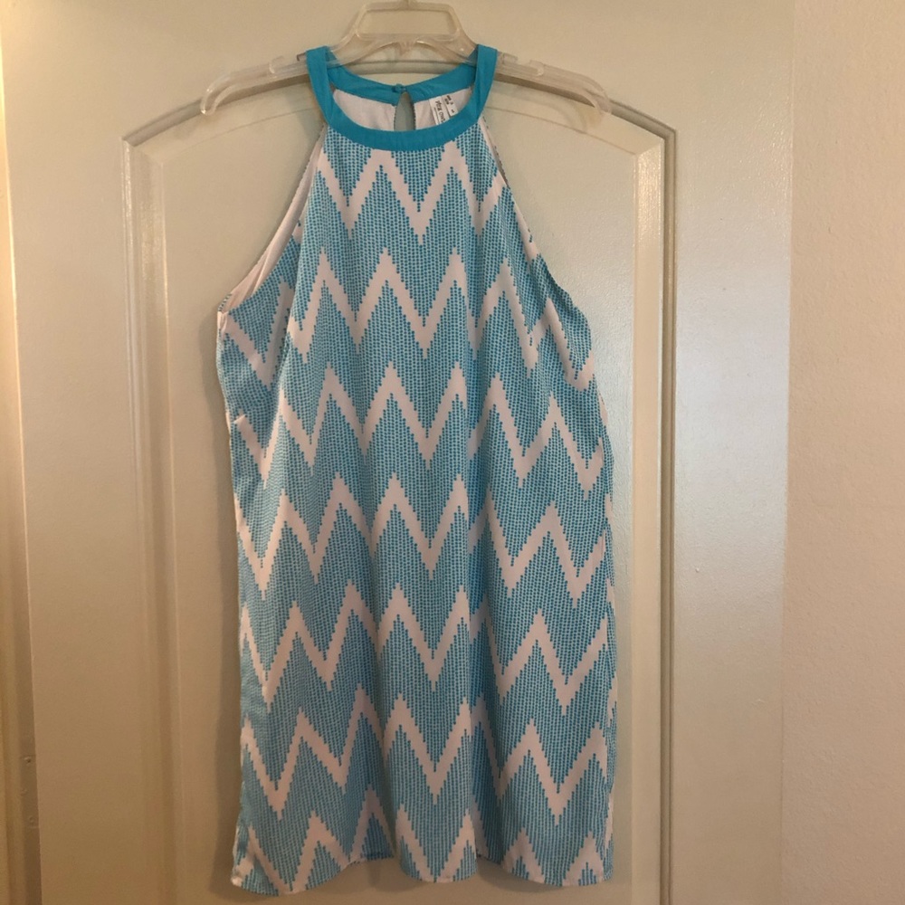 Pink Owl Cream & Turquoise Chevron Dress